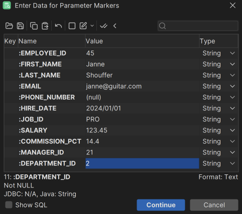 Prompt window showing named parameter markers