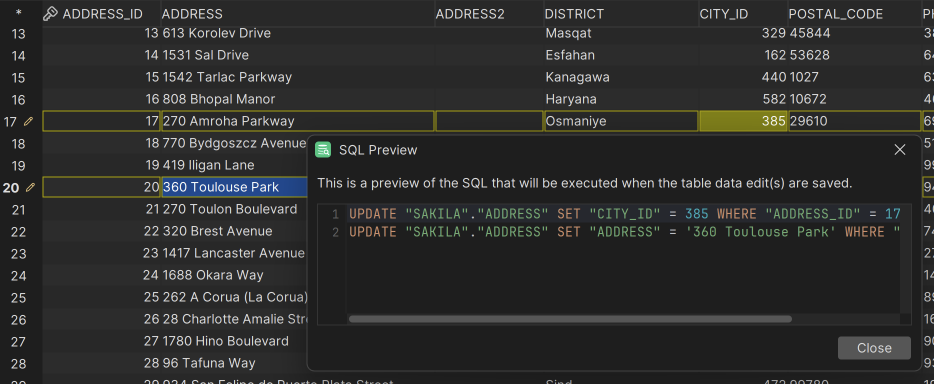 Example of SQL preview