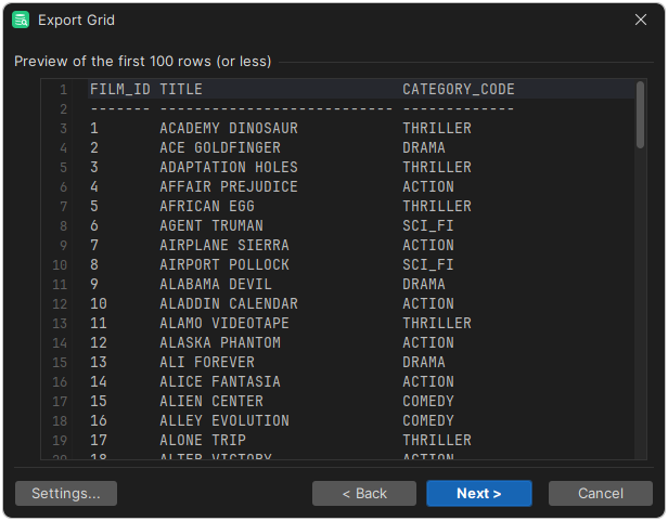 Screenshot of the Preview Page in the export wizard