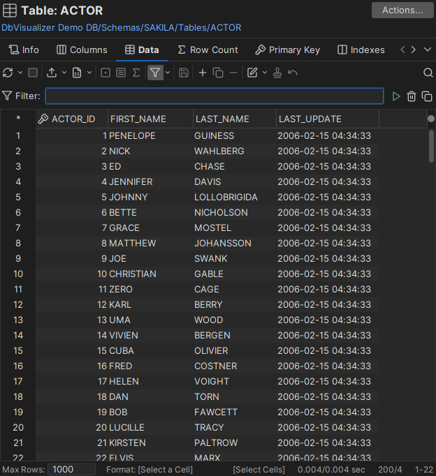 Screenshot of the process of editing data in a database table
