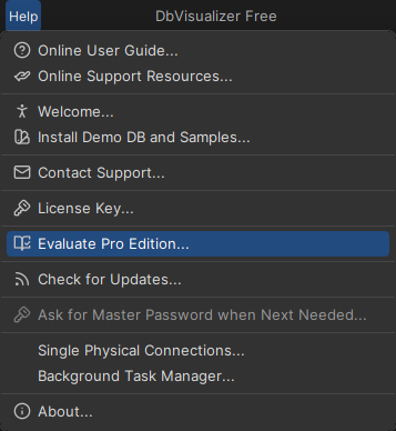 DbVisualizer help Menu
