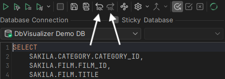 Screenshot showing how to navigate between highlighted matches in SQL editor