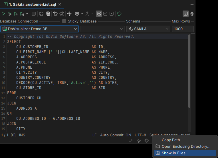 Screenshot highlighting how to navigate to script location in SQL editor